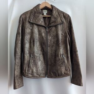 Chico's Gold Brown Leather Lined Zipper Moto Jacket Size 1